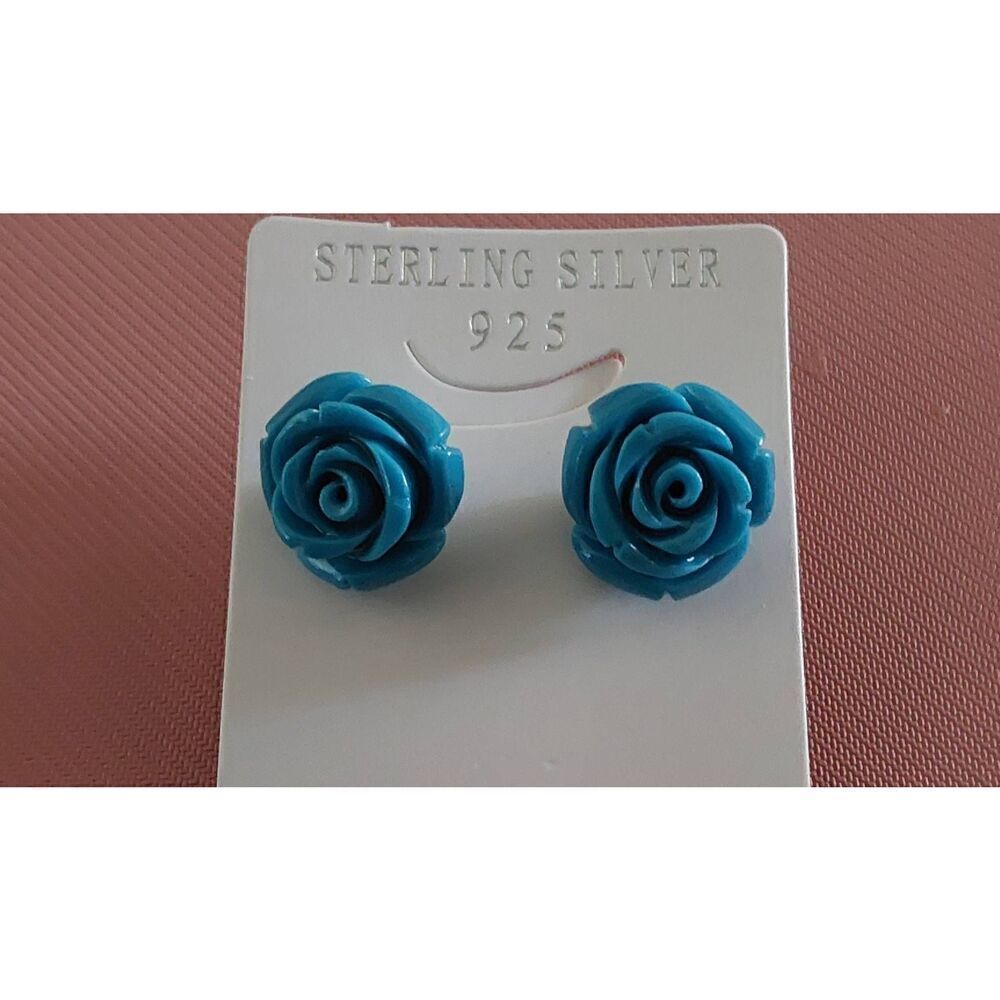 New~Detailed Turquoise Blue Ceramic Rose Stud Earrings .925 Sterling Silver